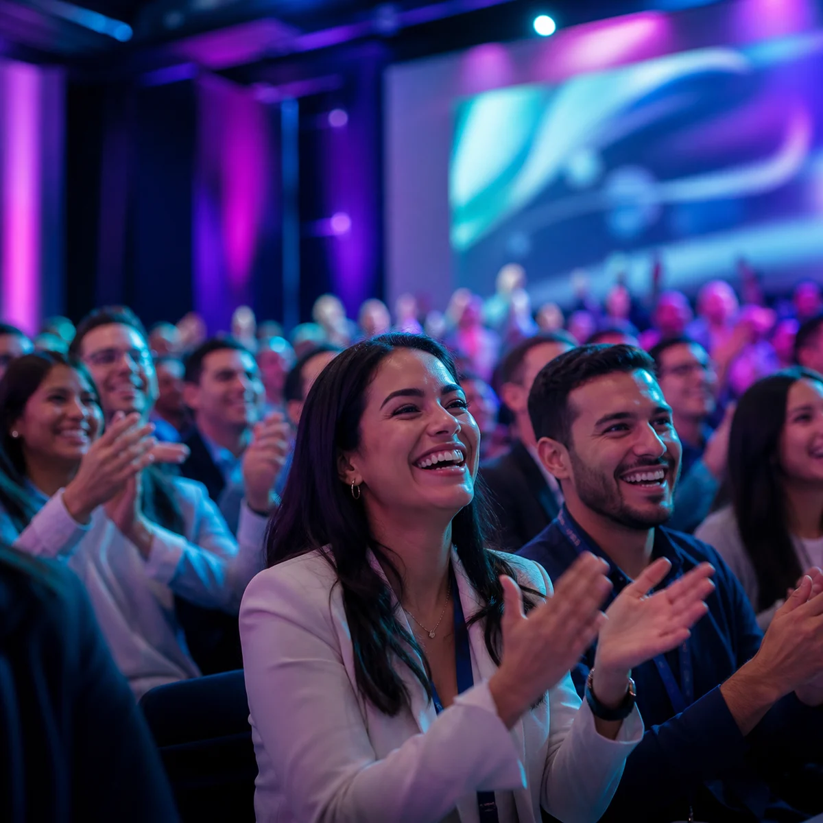 Convención corporativa con una audiencia participativa