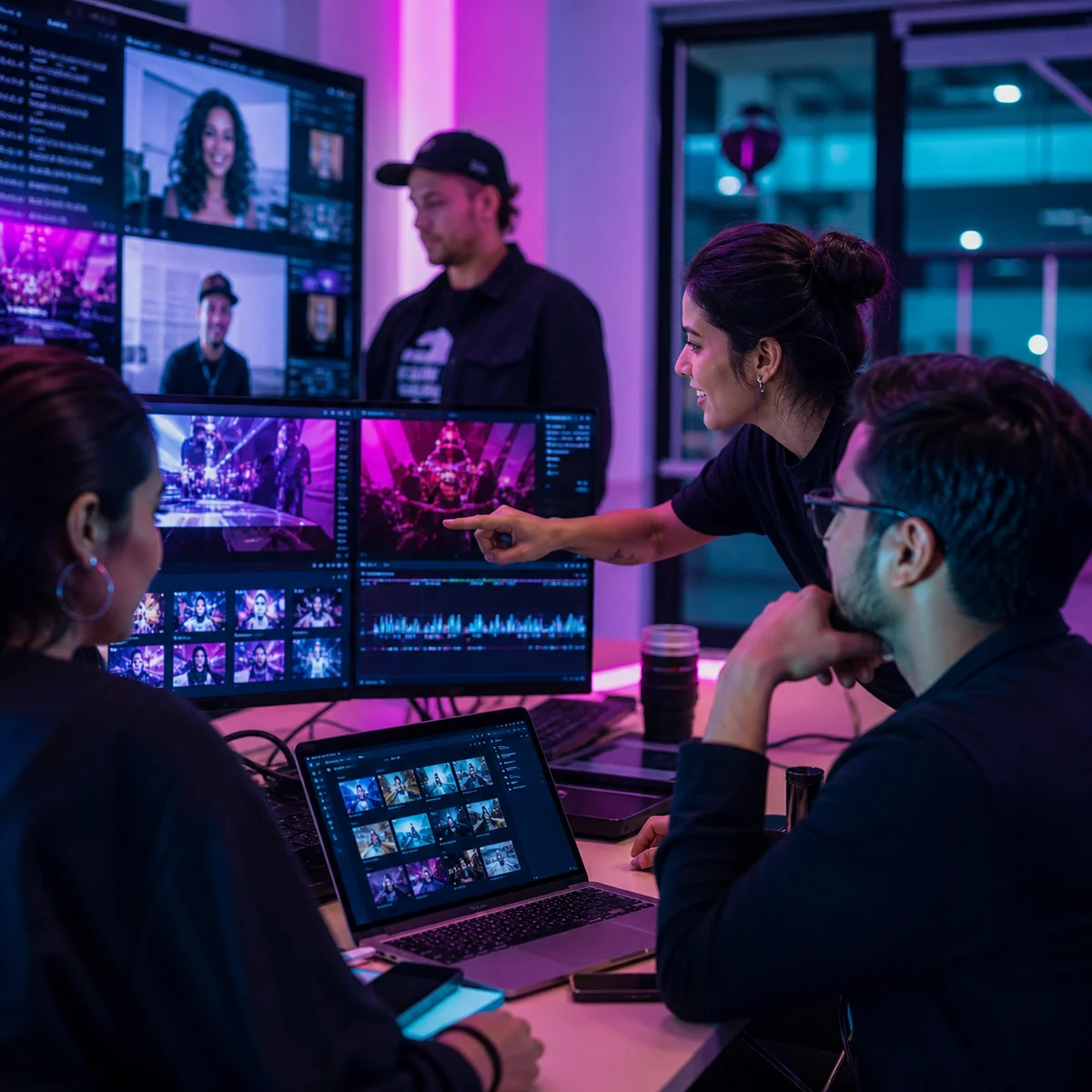 Equipo coordinando contenidos digitales e híbridos