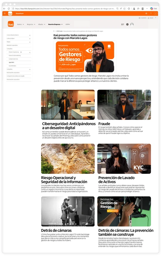 Captura de la intranet corporativa con los capítulos de la campaña