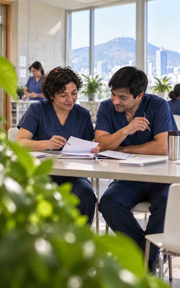 Dos profesionales chilenos colaborando con naturalidad en una oficina de Santiago